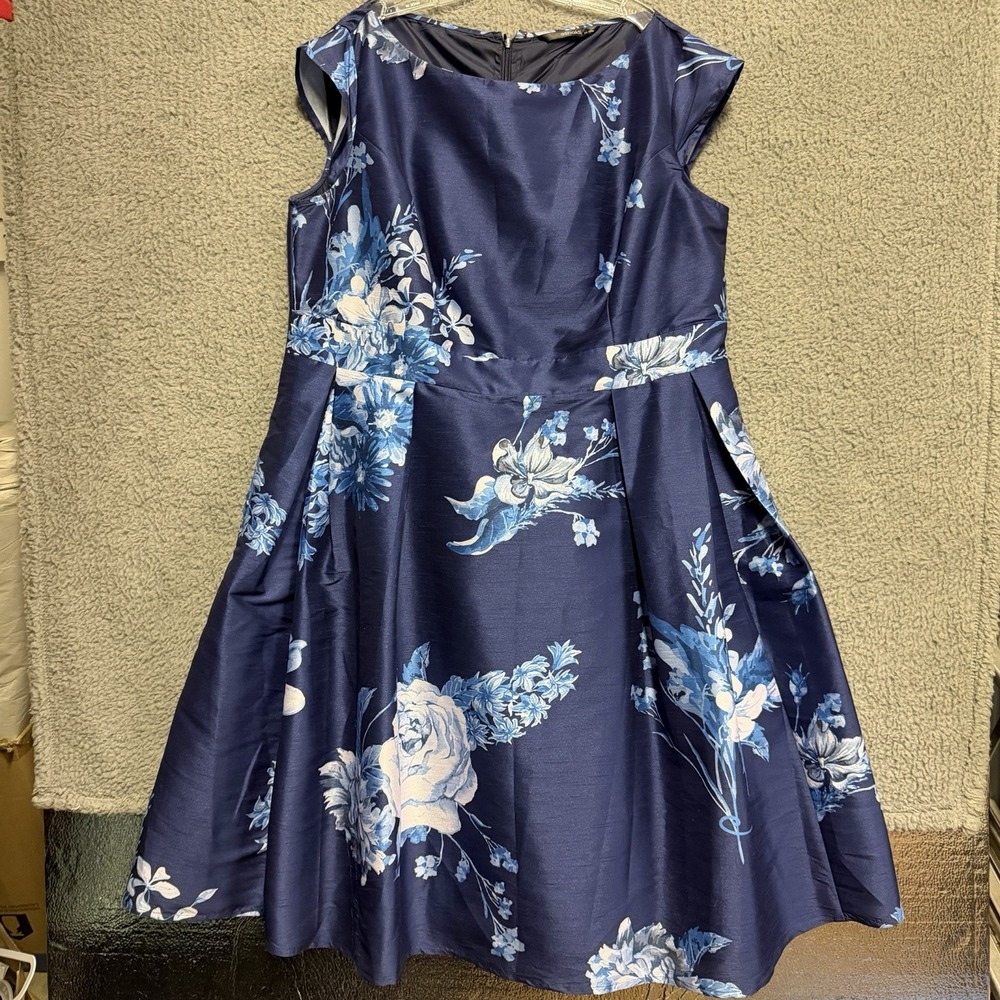 eShakti Women's 3X-24W Blue Floral Pleated A-Line Midi Dress Cap Sleeve READ